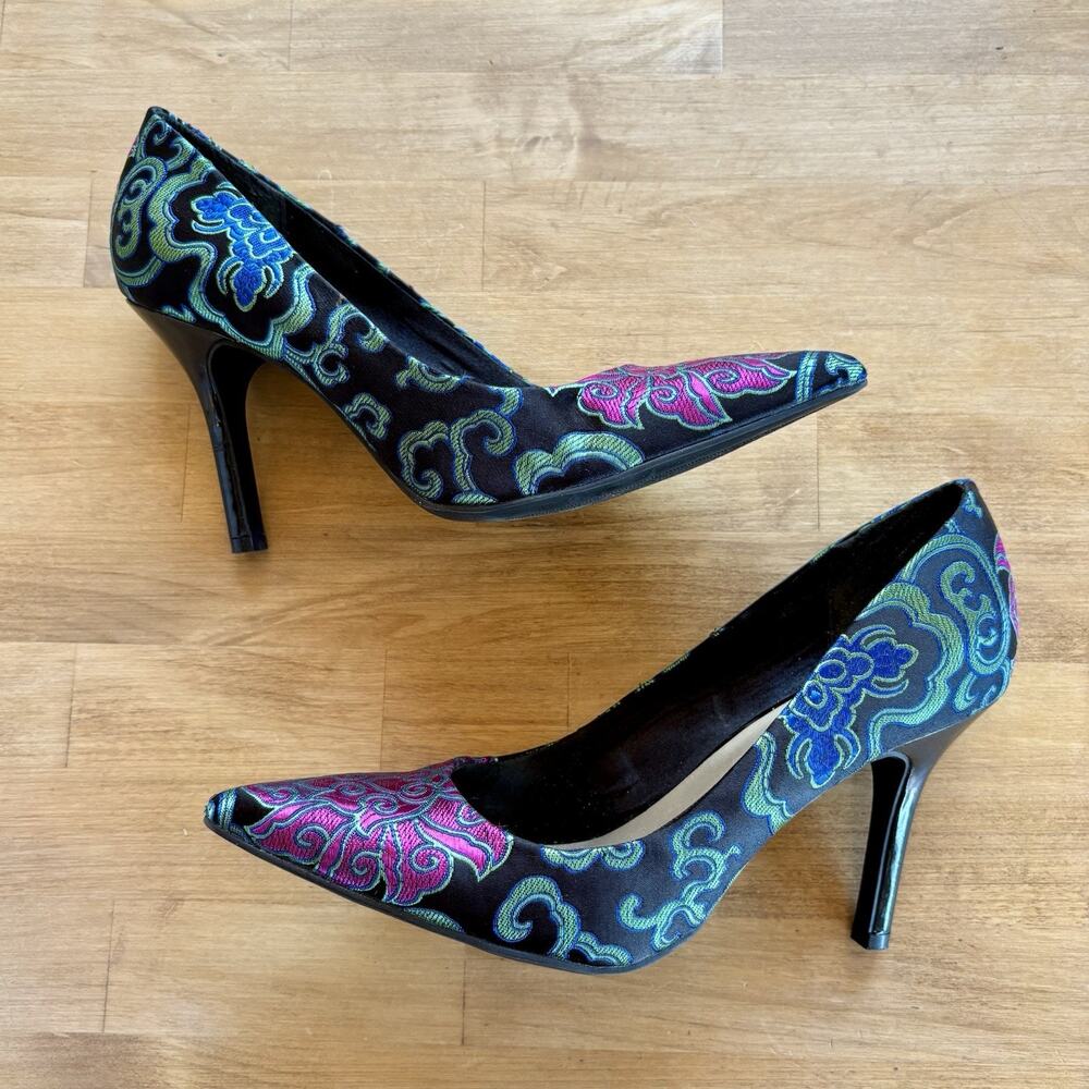 Elegant Black and Multicolor Embroidered Heels